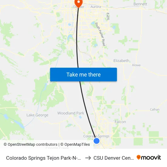 Colorado Springs Tejon Park-N-Ride to CSU Denver Center map