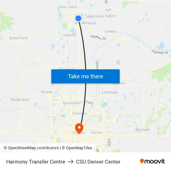 Harmony Transfer Centre to CSU Denver Center map