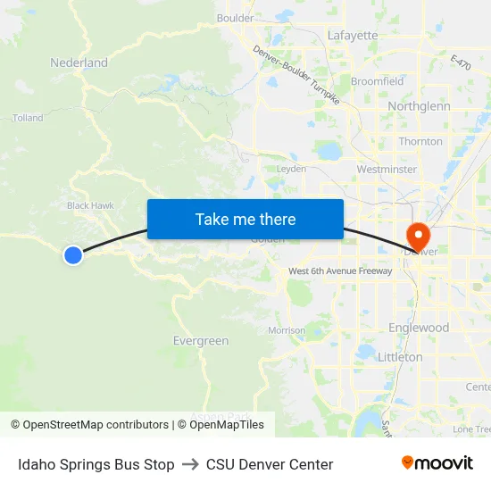 Idaho Springs Bus Stop to CSU Denver Center map