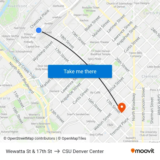 Wewatta St & 17th St to CSU Denver Center map