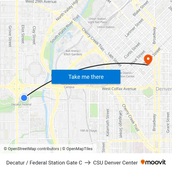 Decatur / Federal Station Gate C to CSU Denver Center map