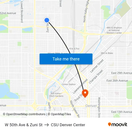 W 50th Ave & Zuni St to CSU Denver Center map