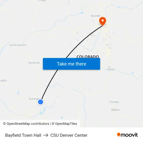 Bayfield Town Hall to CSU Denver Center map