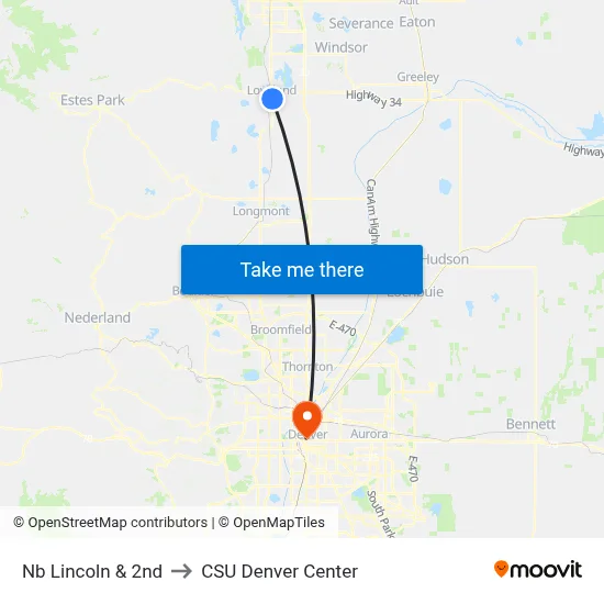 Nb Lincoln & 2nd to CSU Denver Center map