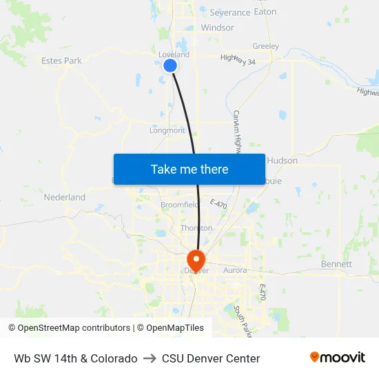 Wb SW 14th & Colorado to CSU Denver Center map