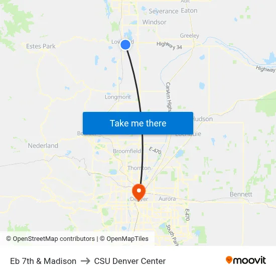 Eb 7th & Madison to CSU Denver Center map