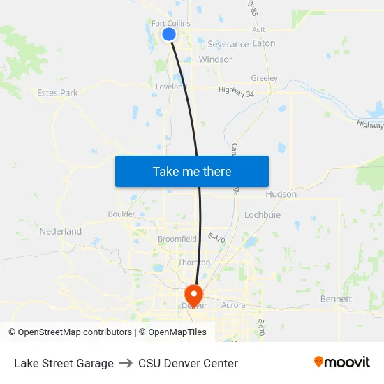 Lake Street Garage to CSU Denver Center map