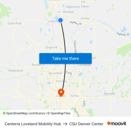 Centerra Loveland Mobility Hub to CSU Denver Center map