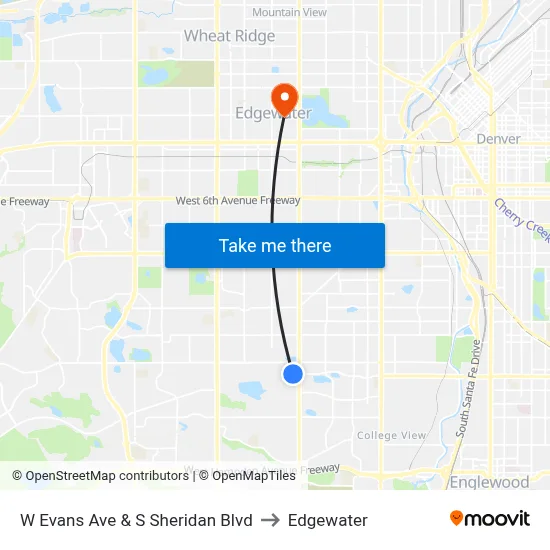 W Evans Ave & S Sheridan Blvd to Edgewater map