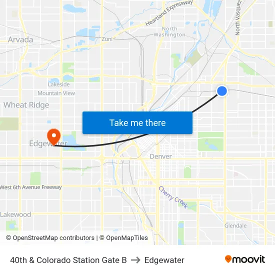 40th & Colorado Station Gate B to Edgewater map