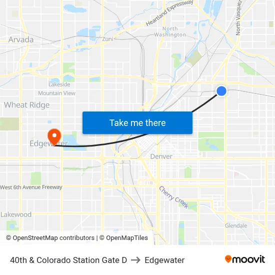 40th & Colorado Station Gate D to Edgewater map