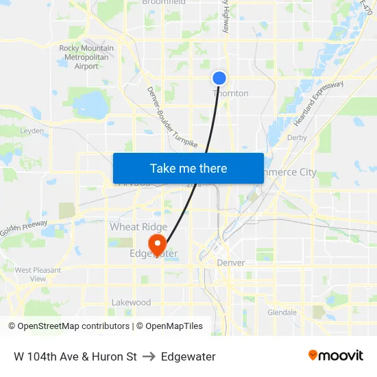 W 104th Ave & Huron St to Edgewater map