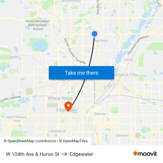 W 104th Ave & Huron St to Edgewater map
