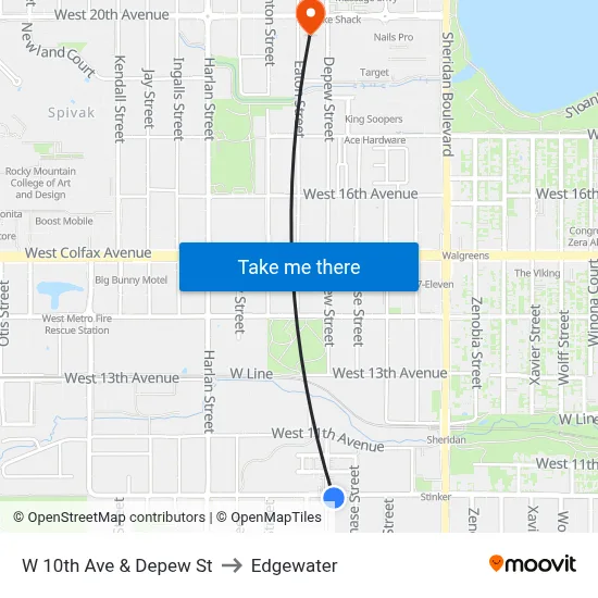 W 10th Ave & Depew St to Edgewater map