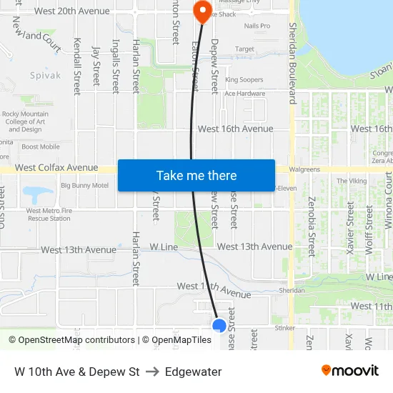 W 10th Ave & Depew St to Edgewater map