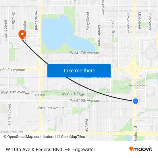 W 10th Ave & Federal Blvd to Edgewater map