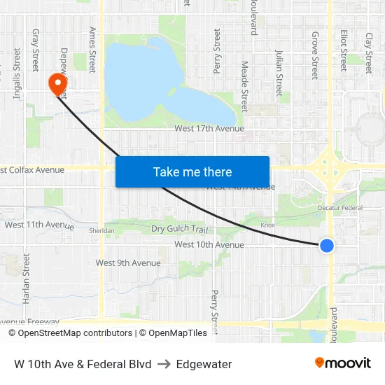 W 10th Ave & Federal Blvd to Edgewater map