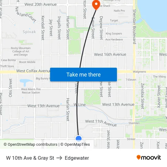 W 10th Ave & Gray St to Edgewater map