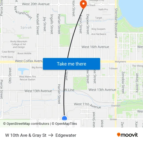 W 10th Ave & Gray St to Edgewater map