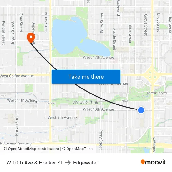 W 10th Ave & Hooker St to Edgewater map