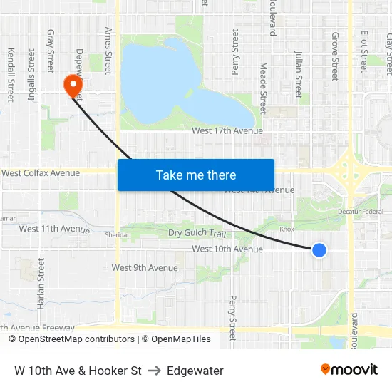 W 10th Ave & Hooker St to Edgewater map