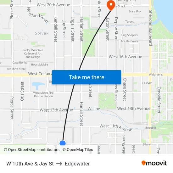 W 10th Ave & Jay St to Edgewater map