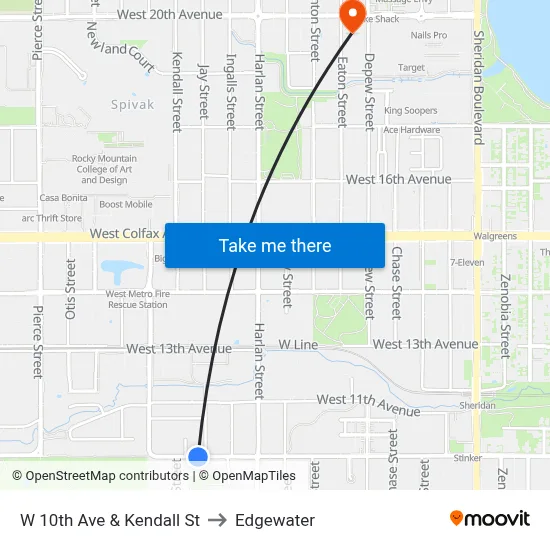 W 10th Ave & Kendall St to Edgewater map