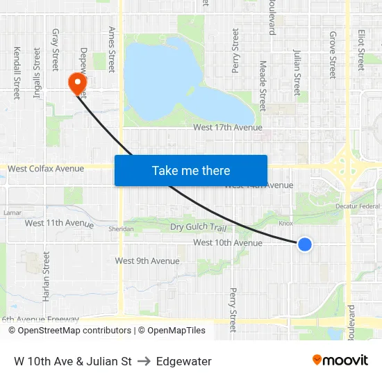 W 10th Ave & Julian St to Edgewater map