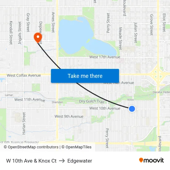 W 10th Ave & Knox Ct to Edgewater map