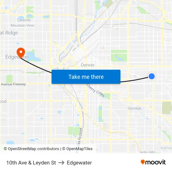 10th Ave & Leyden St to Edgewater map