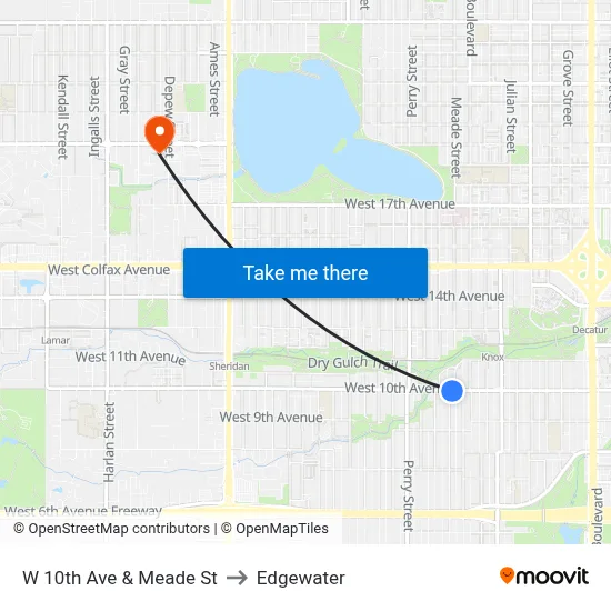 W 10th Ave & Meade St to Edgewater map