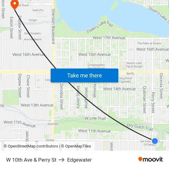 W 10th Ave & Perry St to Edgewater map