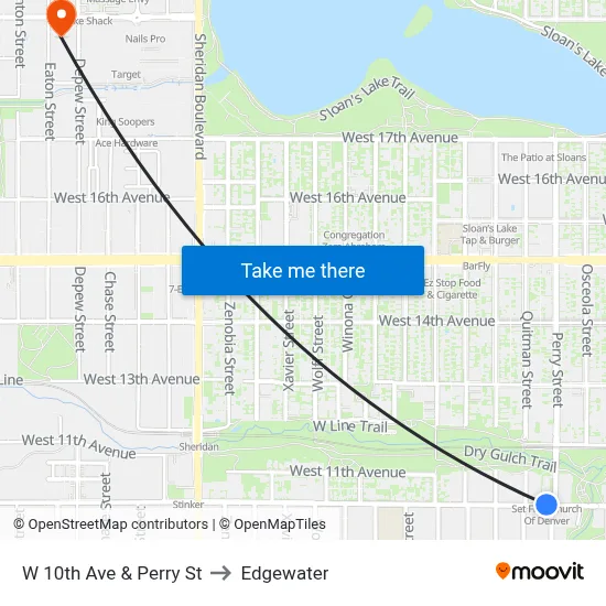 W 10th Ave & Perry St to Edgewater map