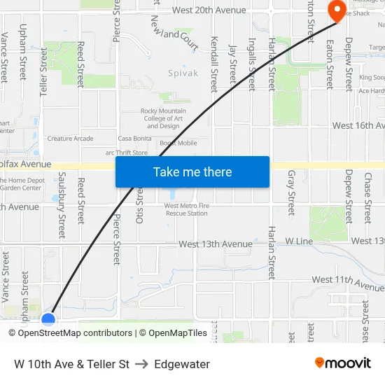 W 10th Ave & Teller St to Edgewater map
