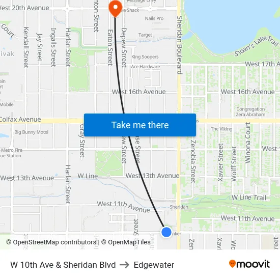 W 10th Ave & Sheridan Blvd to Edgewater map