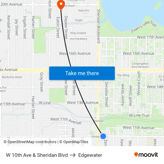 W 10th Ave & Sheridan Blvd to Edgewater map
