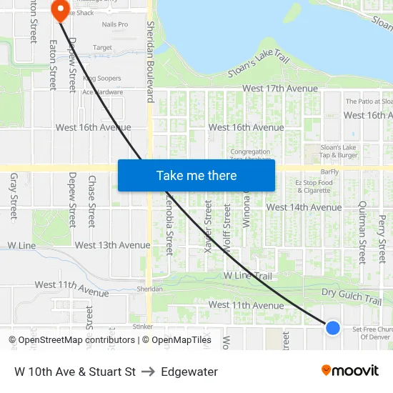 W 10th Ave & Stuart St to Edgewater map