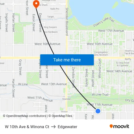 W 10th Ave & Winona Ct to Edgewater map