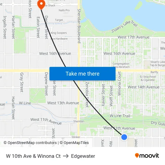 W 10th Ave & Winona Ct to Edgewater map