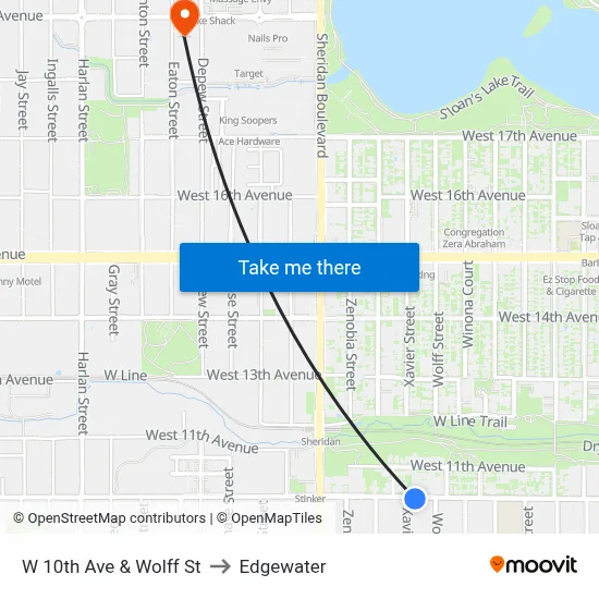 W 10th Ave & Wolff St to Edgewater map