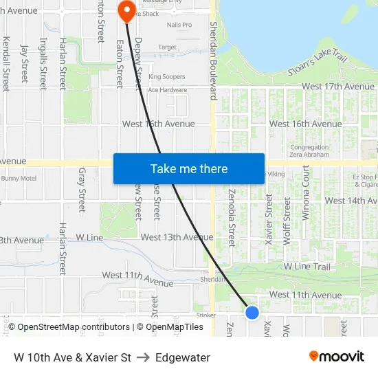 W 10th Ave & Xavier St to Edgewater map