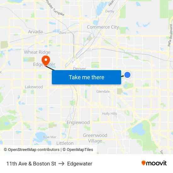 11th Ave & Boston St to Edgewater map