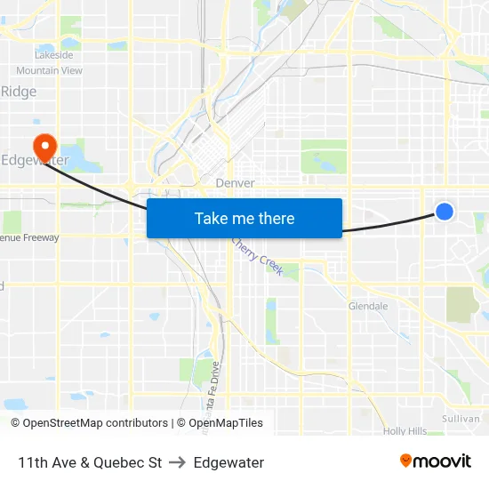 11th Ave & Quebec St to Edgewater map