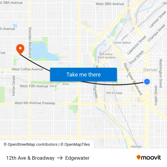 12th Ave & Broadway to Edgewater map