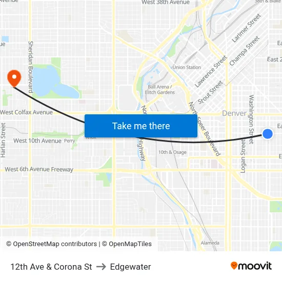 12th Ave & Corona St to Edgewater map