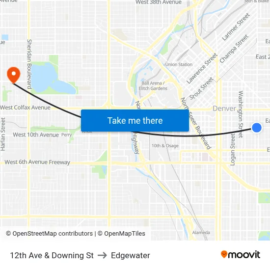 12th Ave & Downing St to Edgewater map