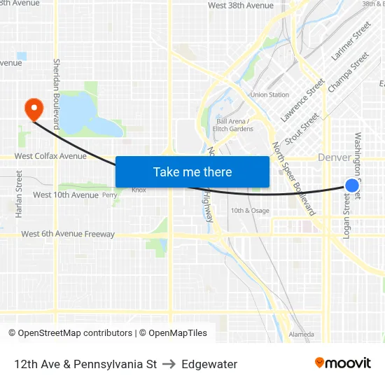 12th Ave & Pennsylvania St to Edgewater map