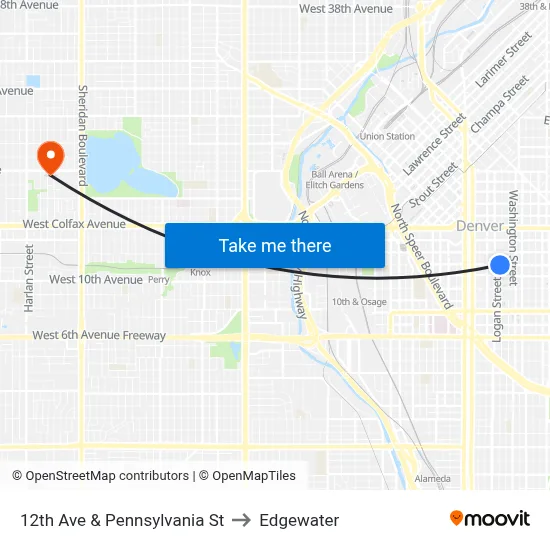 12th Ave & Pennsylvania St to Edgewater map