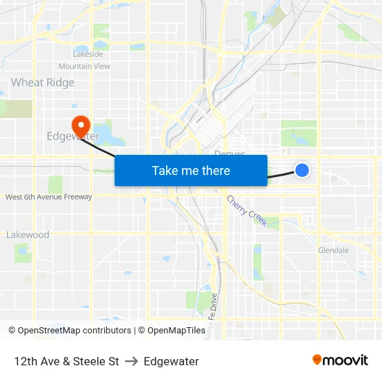 12th Ave & Steele St to Edgewater map
