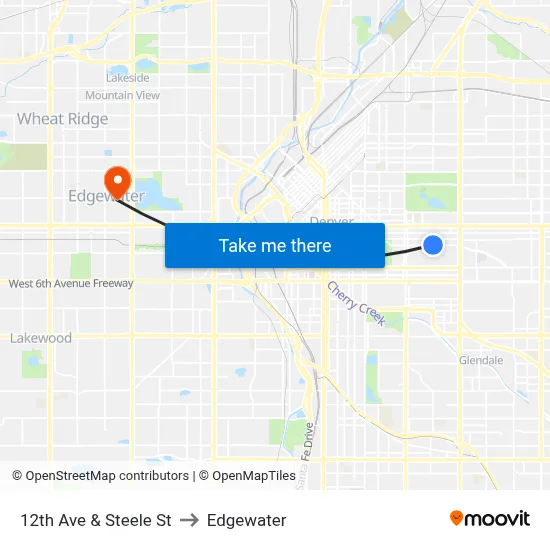 12th Ave & Steele St to Edgewater map